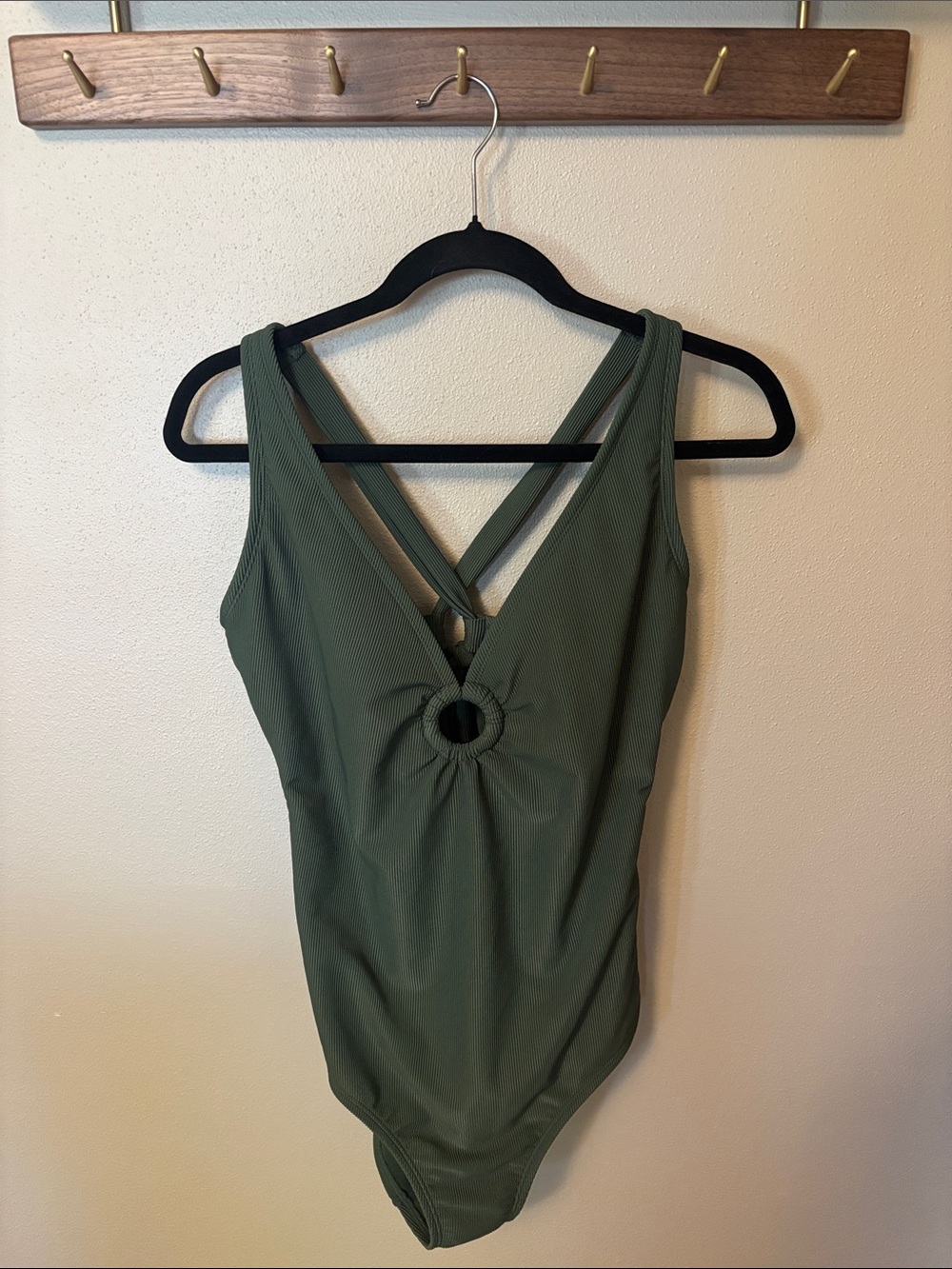 Shade & Shore Olive Green Ring-Front Ribbed One-Piece Swimsuit